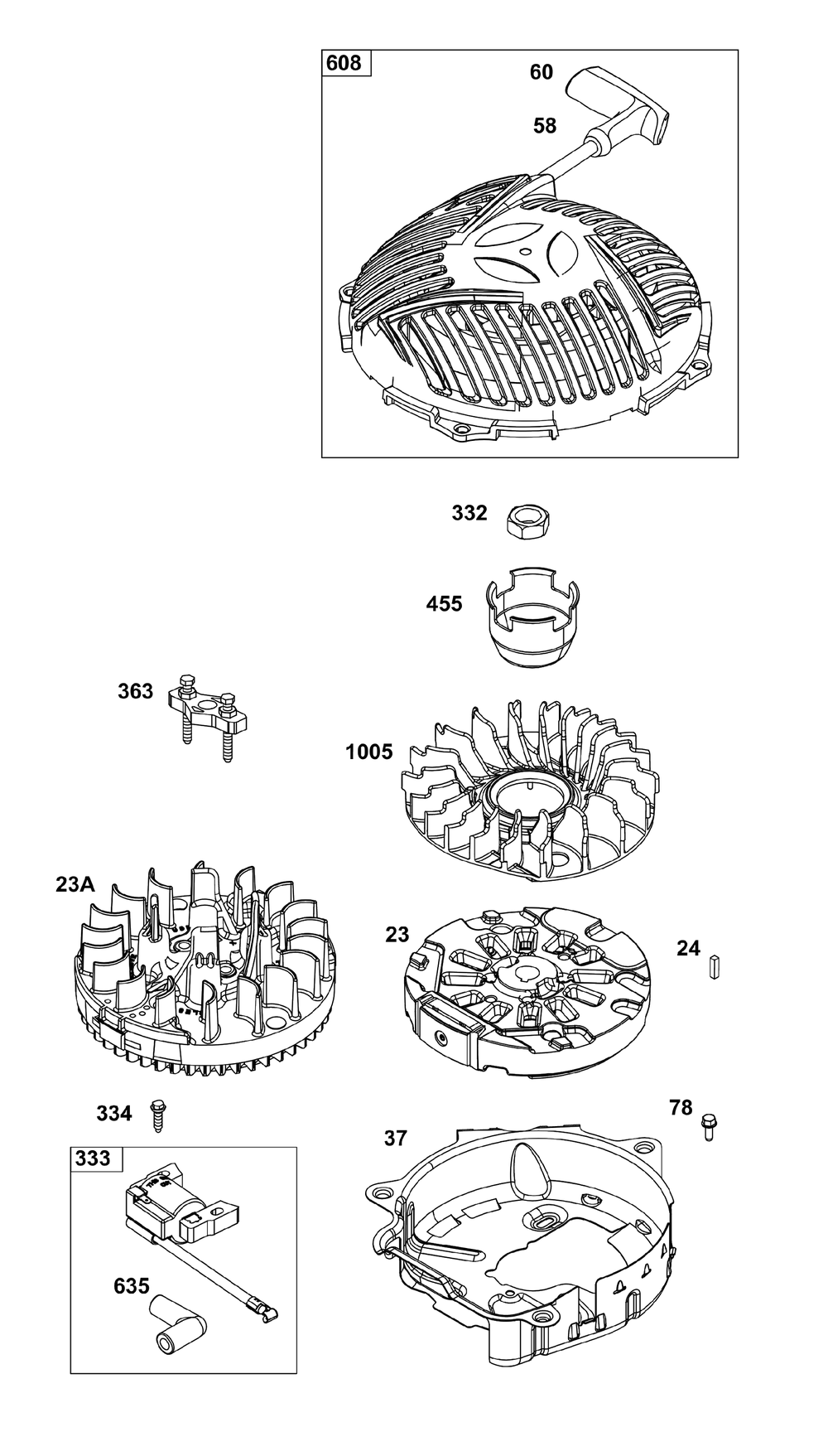 Flywheel/Ignition/Starter Group Diagram and Parts List for 123P02-0008-H5 100000 - 19Z999 Briggs and Stratton Engine